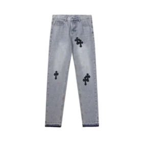 Chrome Hearts Handbemalte Leder-Jeans mit Kreuzmotiv