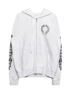 Weißer Kapuzenpullover mit Blumenmuster und Horseshoe-Reißverschluss